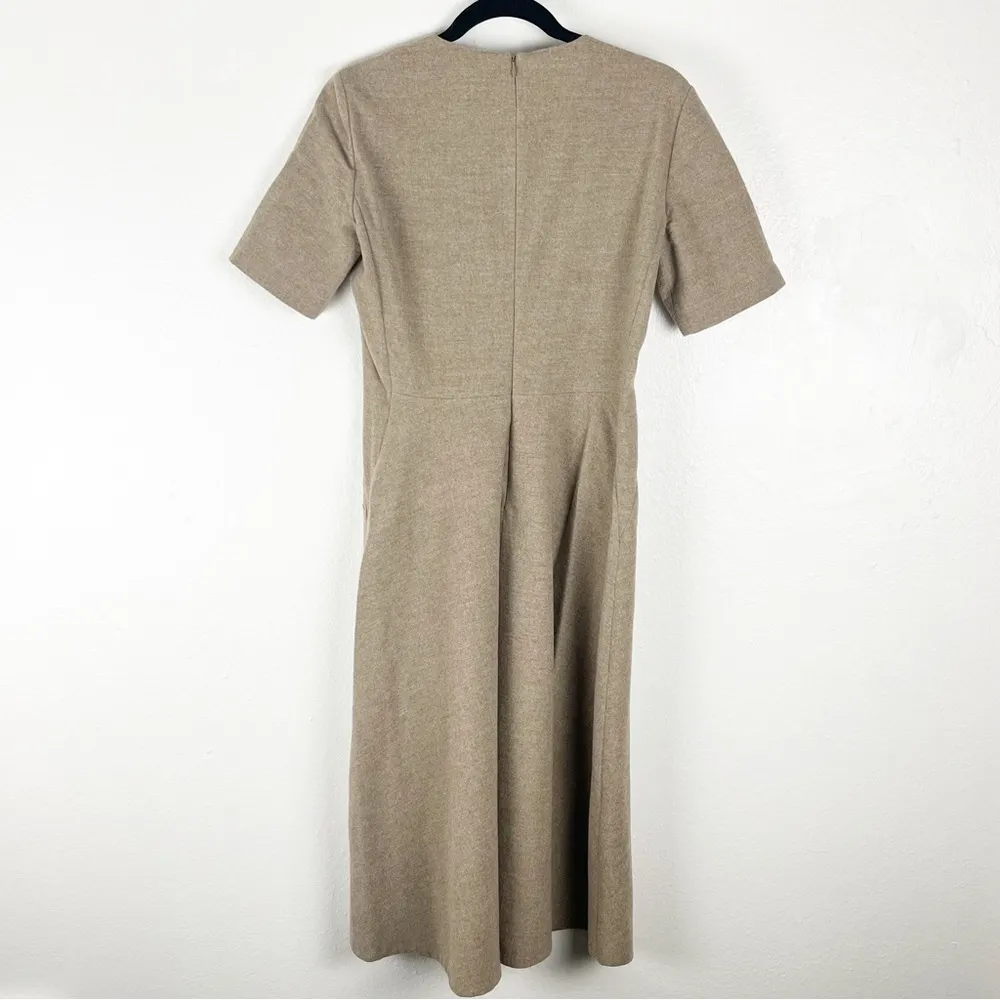 ZARA Woman Tan Wool Blend Short Sleeves Hidden Back Ziipper Pleated Dress - Image 2