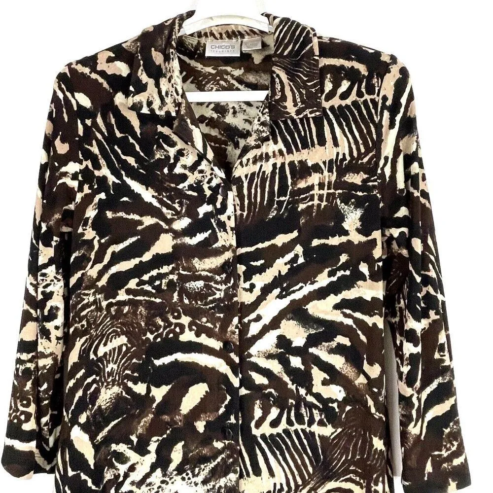Chico's Travelers Button Front Blouse Tunic Size 1 US 8 Animal Print Brown Black - Image 2