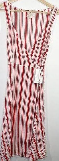 Auguste Womens Striped Midi Wrap Dress Size 8 NWT Red Striped Summer Casual - Image 1