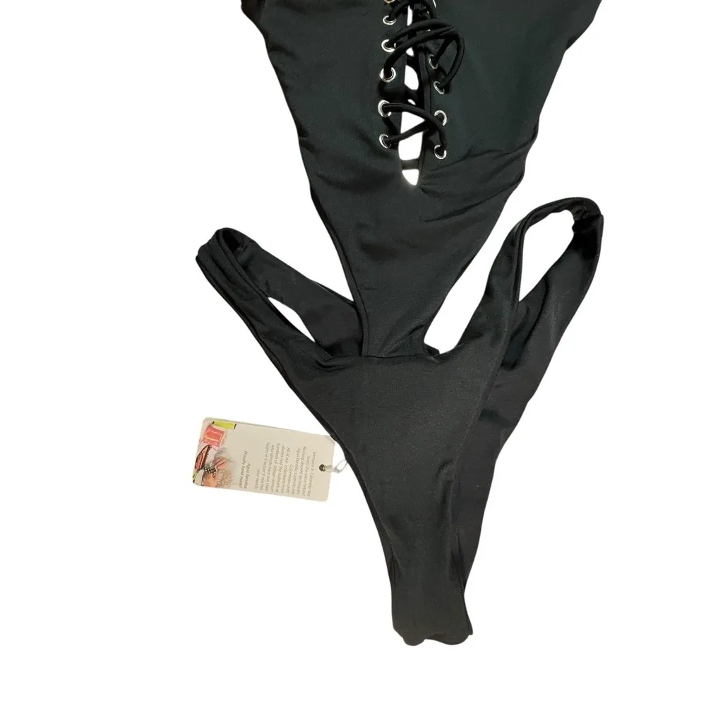 Agua Bendita Swimsuit One Piece Black Laceup Front Cutout Sides Arin Eter XL New - Image 8