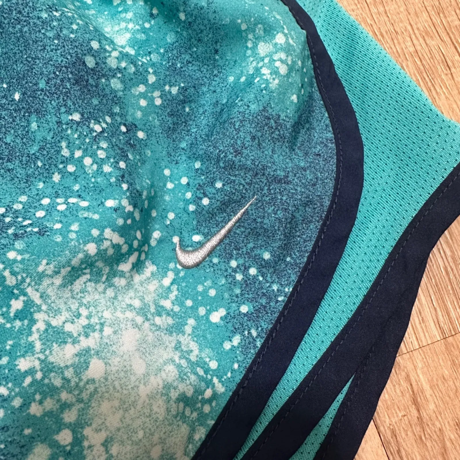 NIKE | Women's Dri-FIT Teal Navy Galaxy Print Athletic Running Shorts - Image 3
