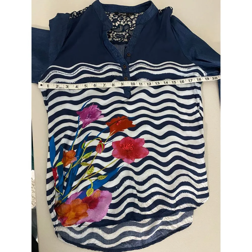 Desigual Blue White Stripe Nautical Sequin Floral Wearable Art Henley Top Large - Image 6