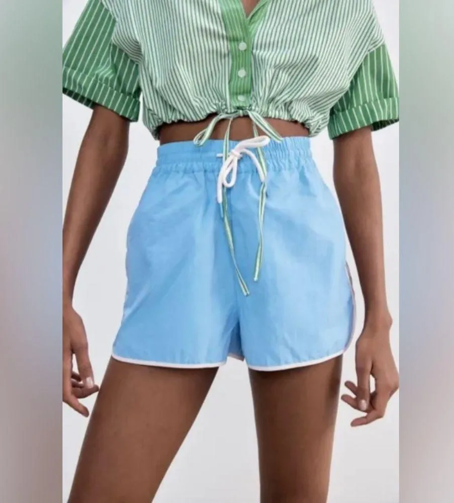 NWT Zara Zippered Nylon Shorts in Neon Blue, Size S - Image 2
