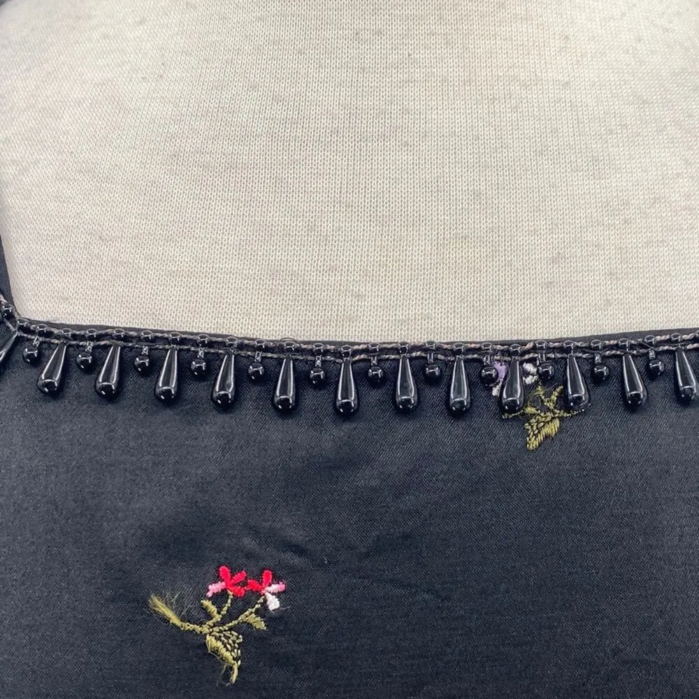 Vintage 90s Satin Mini Dress Embroidered Floral Beaded Squareneck Black Womens 8 - Image 3
