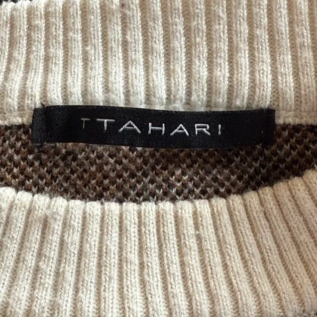 Tahari Leopard Print Crew Neck Sweater Women Cream Brown Black Knit Pullover XS - Image 7