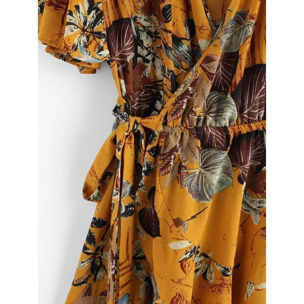 ✨4xHP✨Ruffle Sleeve Palm Leaf WrapTie Waist Dress✨ Yellow Size undefined - Image 3