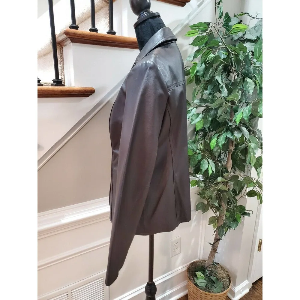 East5TH Women's Black Genuine Leather Long Sleeve Single Breasted Blazer Size M - Image 6