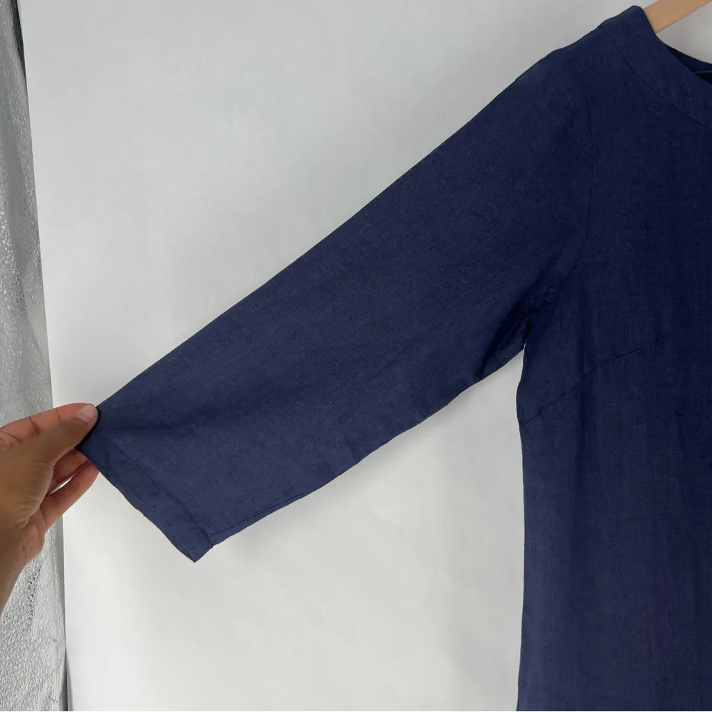 EllemenTree Navy Blue 100% Linen 3/4 Sleeve Knee Length Shift Dress Pockets S - Image 4