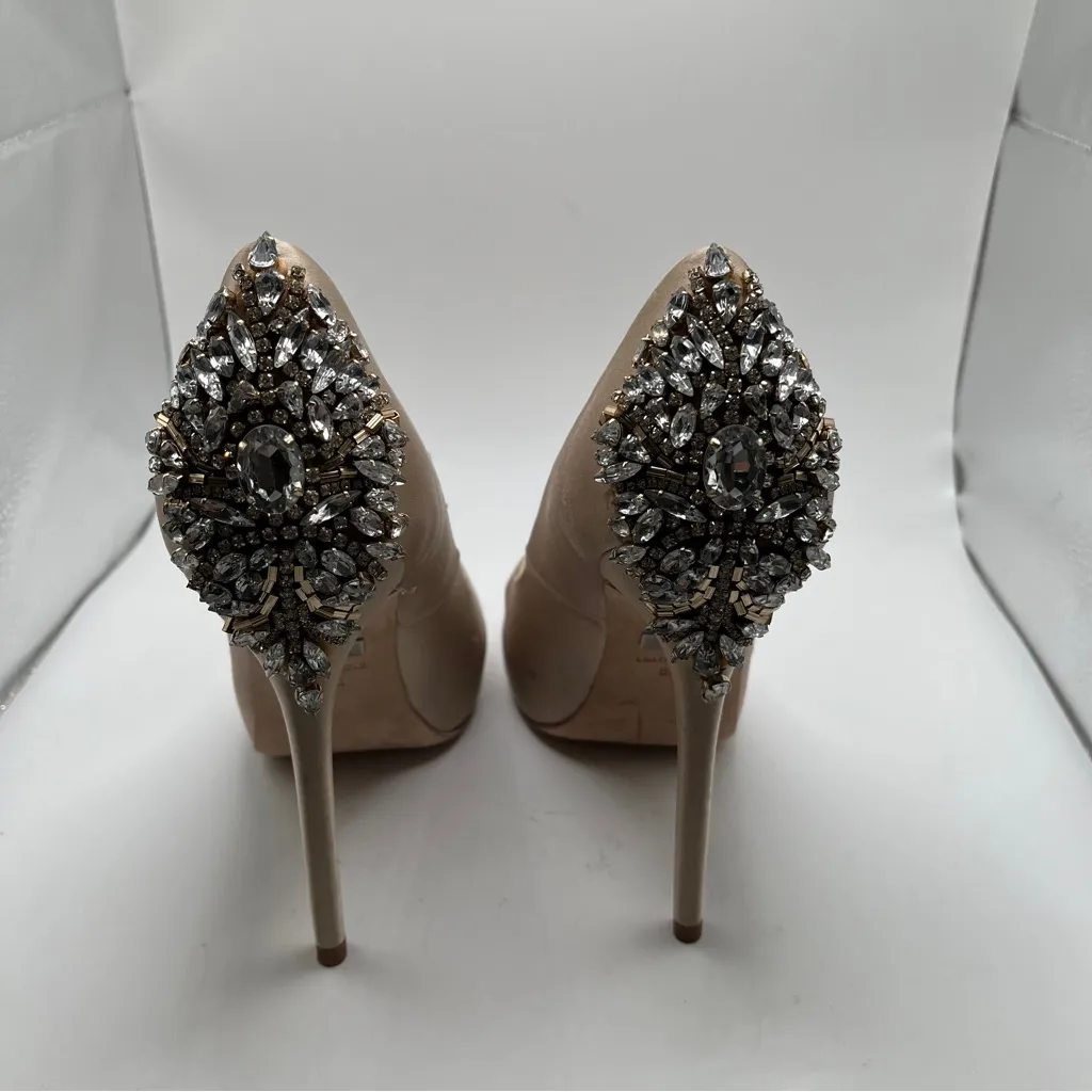 Womens Badgley Mischka Kiara Biege Satin Jewel Peep Toe Formal Heels Size 8.5M - Image 7