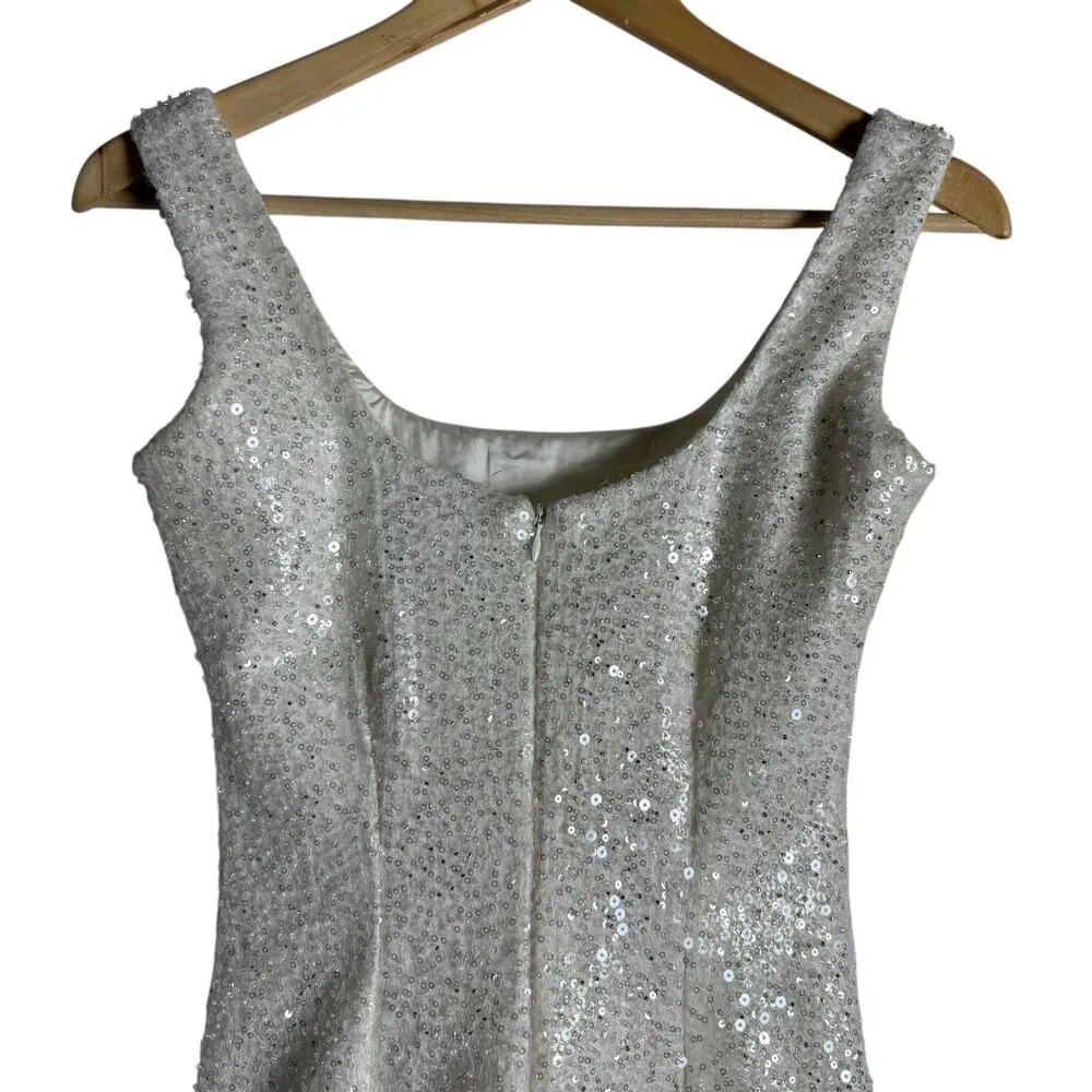 Nadine Merabi Evie White Sequined Feather Hem Sleeveless Asymmetric Mini Dress S - Image 9