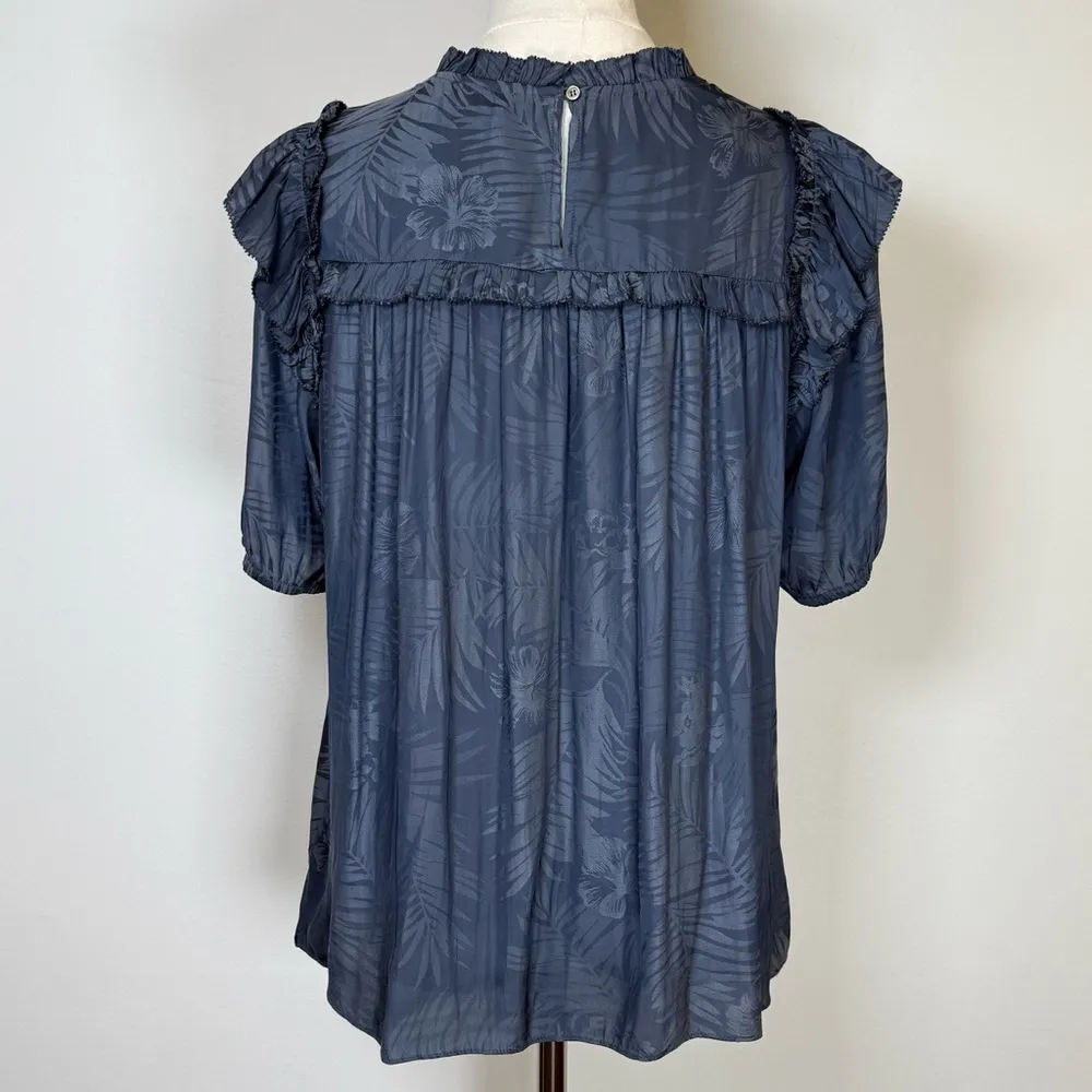Current Air Pleated Short Sleeve Palm Print Ruffle Top Blouse Womens Size Small - Image 5