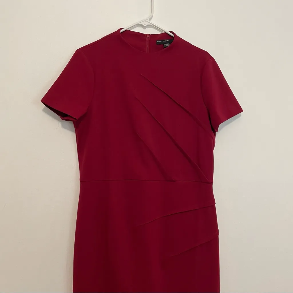 MAGGY LONDON Pintuck Detailed Mock Neck Dress Red Short Sleeve Sheath Dress 12 - Image 6