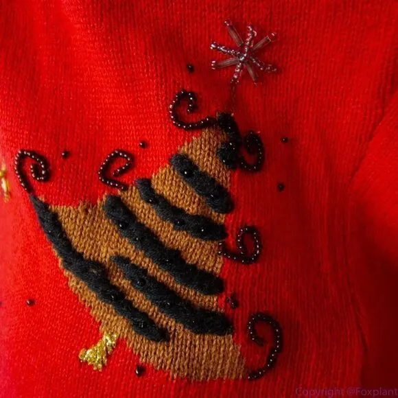 Vintage Berek Christmas cotton blend‎ Faux fur collar beaded red ugly sweater Red Size L - Image 11