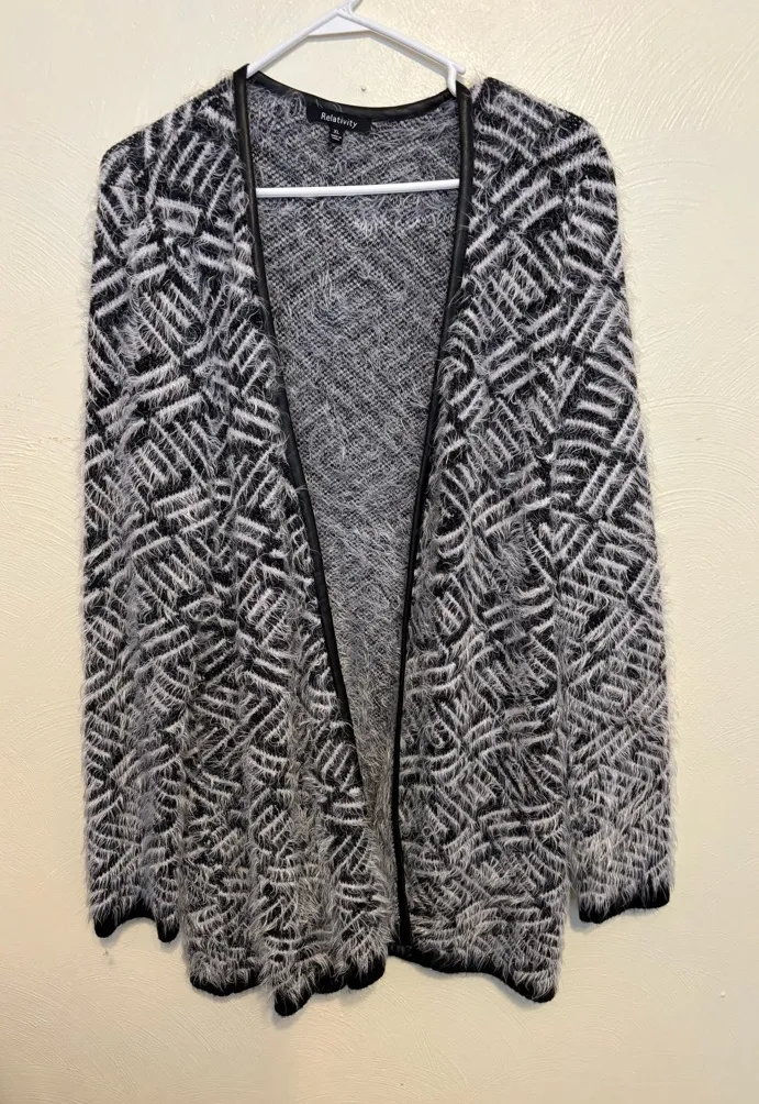 Relativity XL Black White Fuzzy Open Front Cardigan Textured Sweater Jacket - Image 1