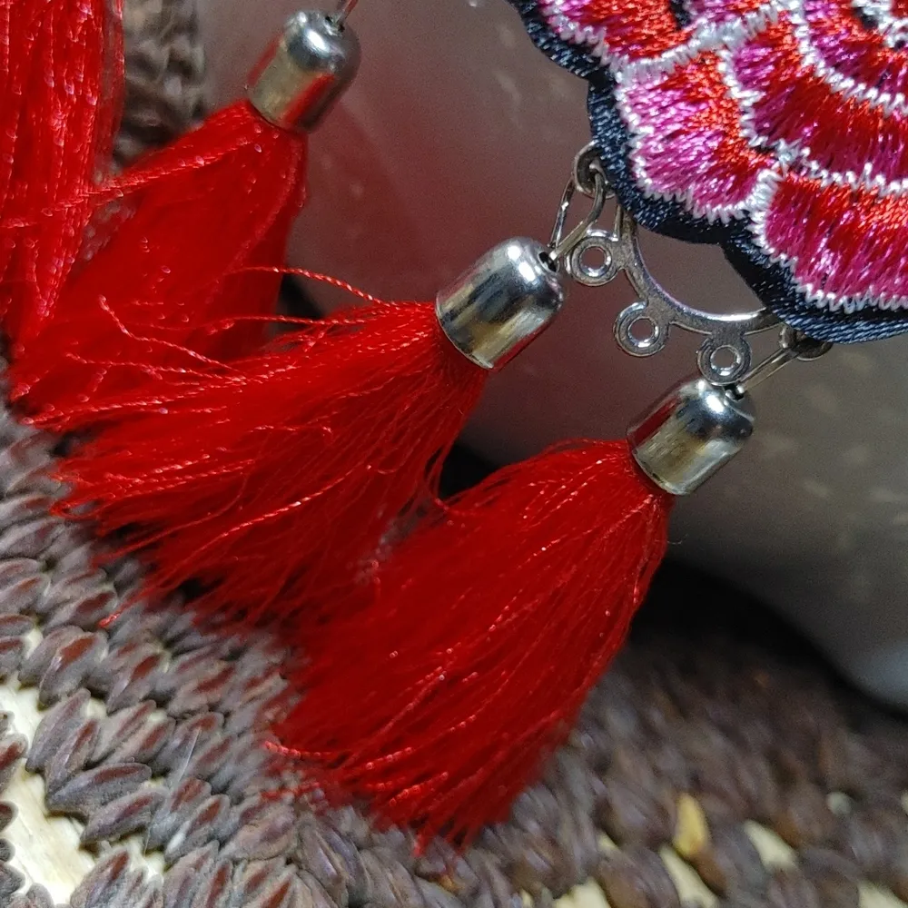 Red Flower Botanical Boho Red Tassel Earrings - Image 4