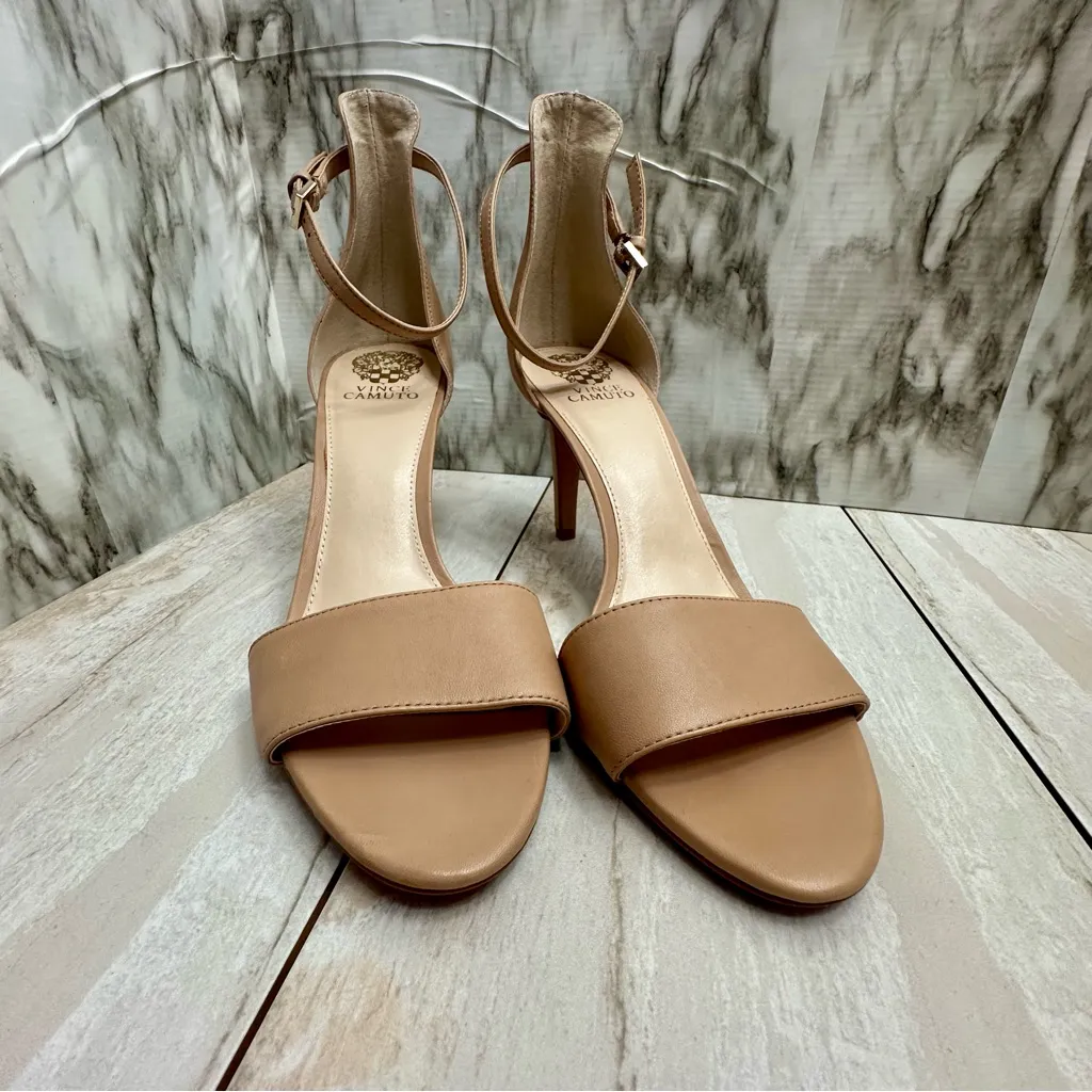 Vince Camuto Tan Heeled Sandals Leather Strappy Sexy Stilettos Summer Vacation - Image 2