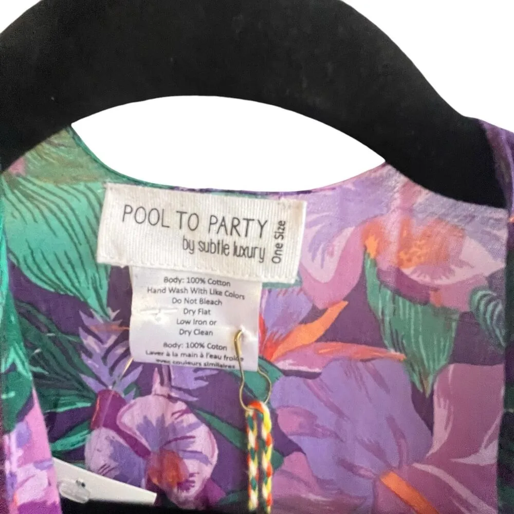 NEW Pool to Party Floral Fringe Swim COVER UP KIMONO Tropical Purple 100% Cotton Size undefined - Image 5