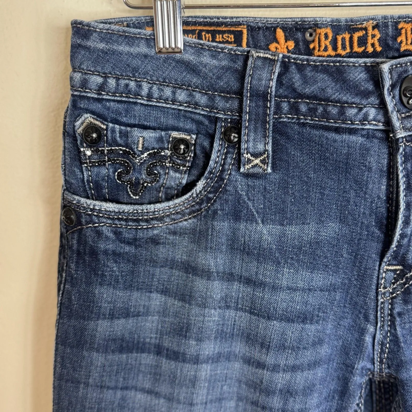 Rock Revival Sara Boot Jeans Womens 29 Blue Dark Wash Embellished Bootcut Flap - Image 4