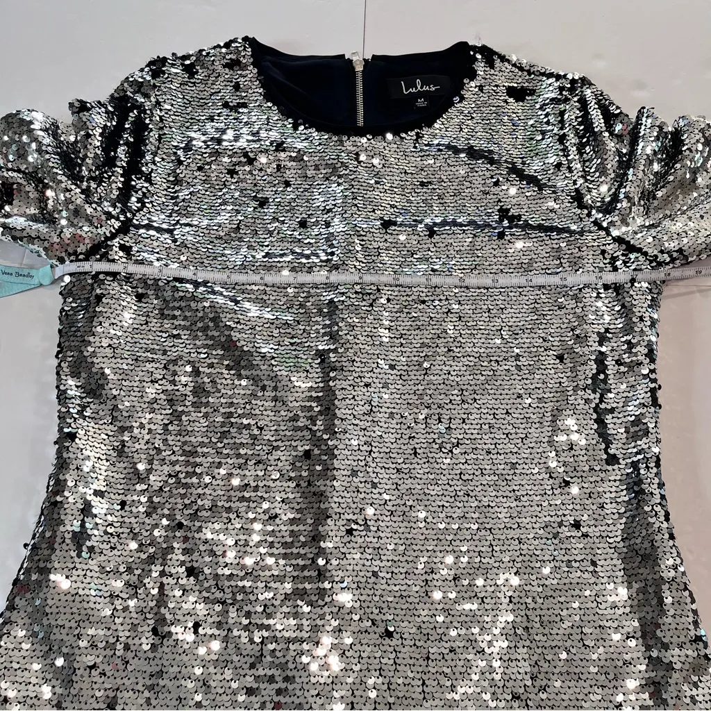 Lulus Main Event Silver Sequin 3/4 Sleeve Sheath Dress‎ MEDIUM - Image 8