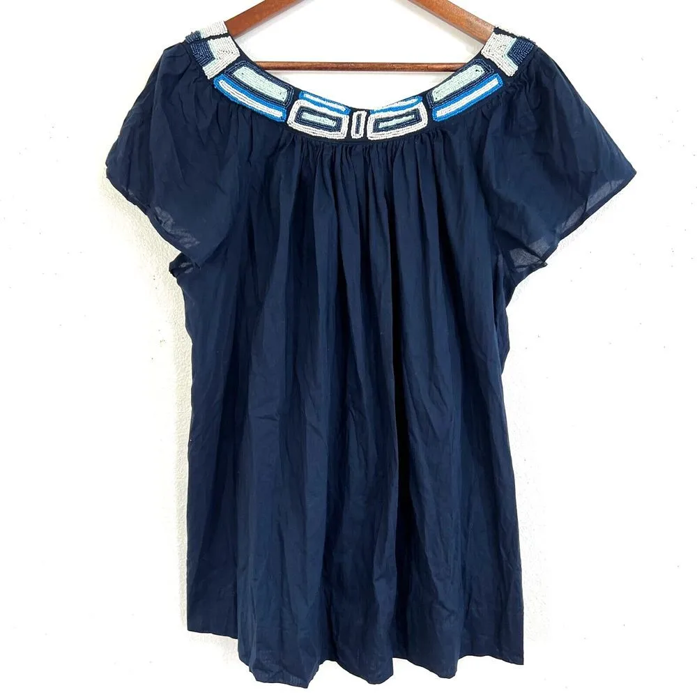 Charter Club Tunic Blouse 16W Embellished & Beaded Boat Neckline Blue Cap Sleeve - Image 2