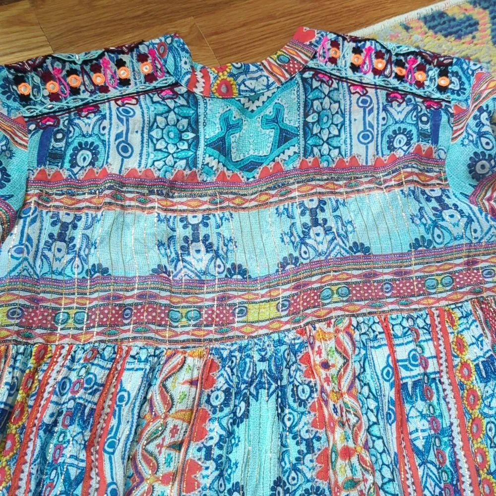Hemant & Nandita Silk Mini Dress Bohemian Blue and Red Patterned Size Medium - Image 10