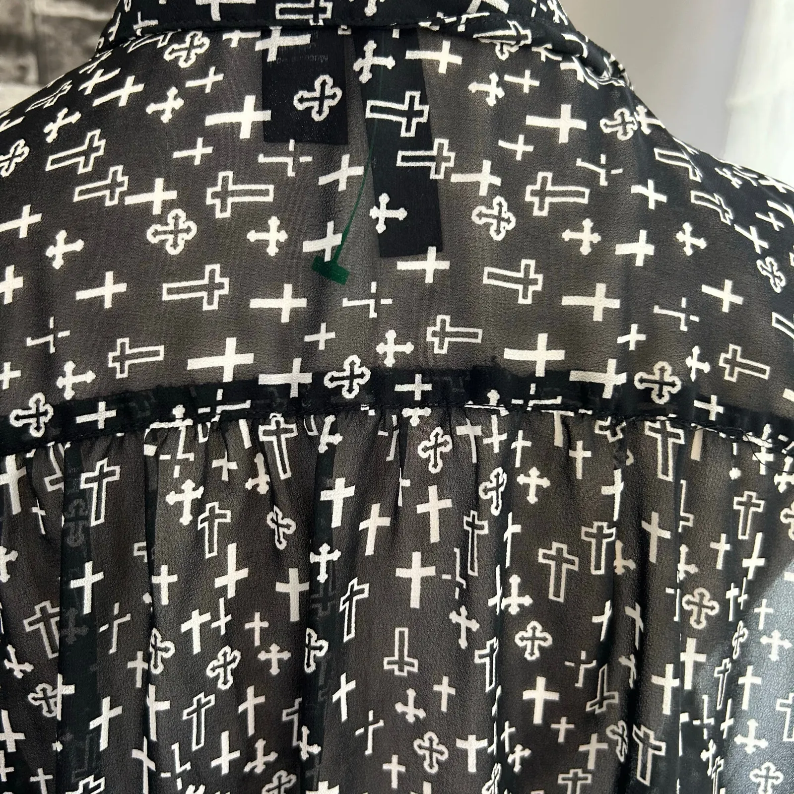 FUN & FLIRT Semi-Sheer Blouse Black W/ White Crosses Religious Punk Grunge Goth - Image 6