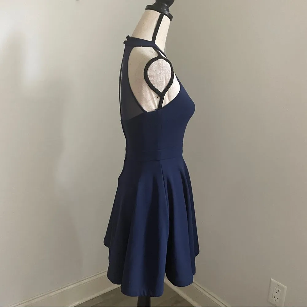 B‎ Darlin Fit & Flare Halter Mini Dress sz 1/2 Navy Blue Mesh Cutout Party Dress - Image 2
