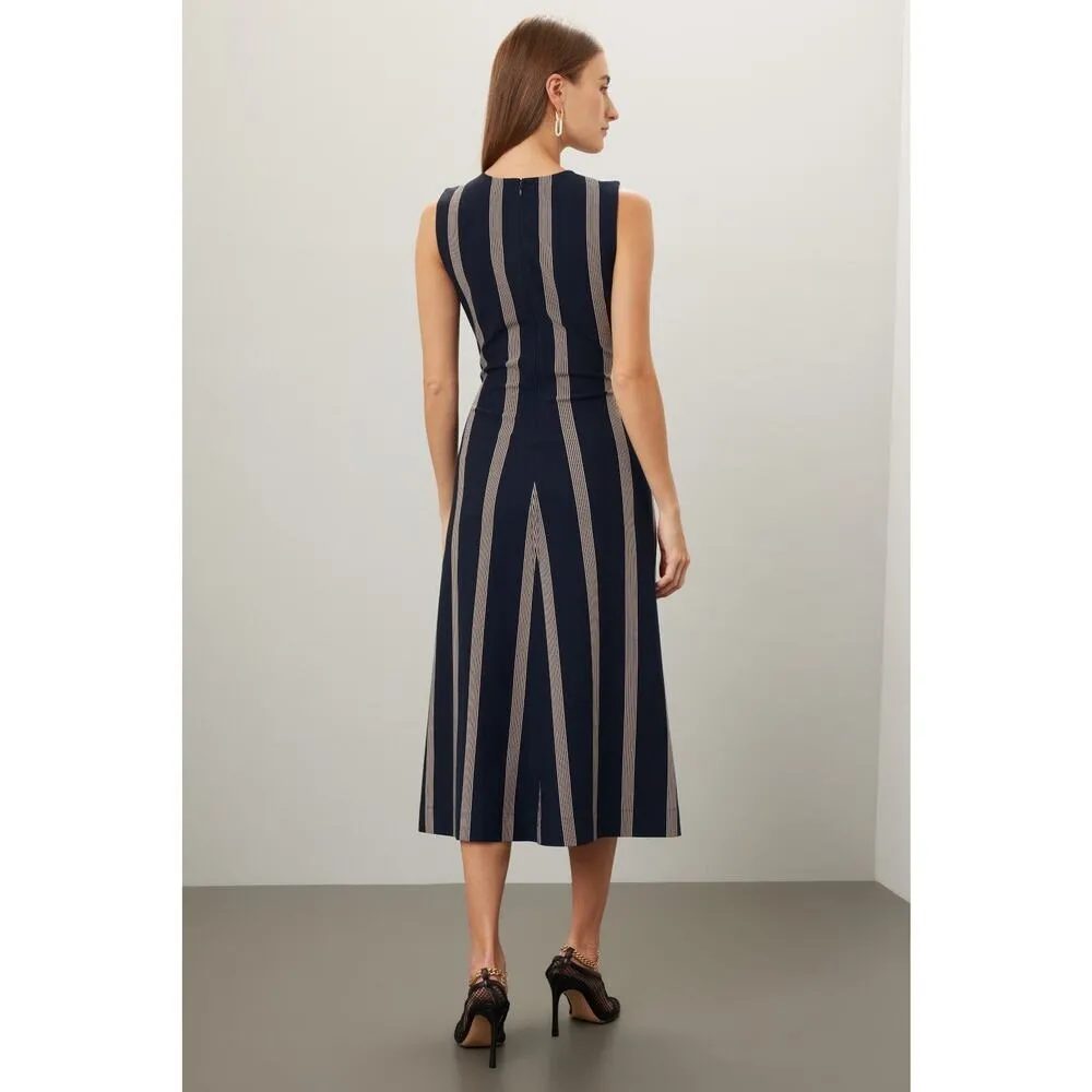 TANYA TAYLOR Dark Navy Blue Pinstripe A-Line Sleeveless Midi Dress Size Large - Image 2