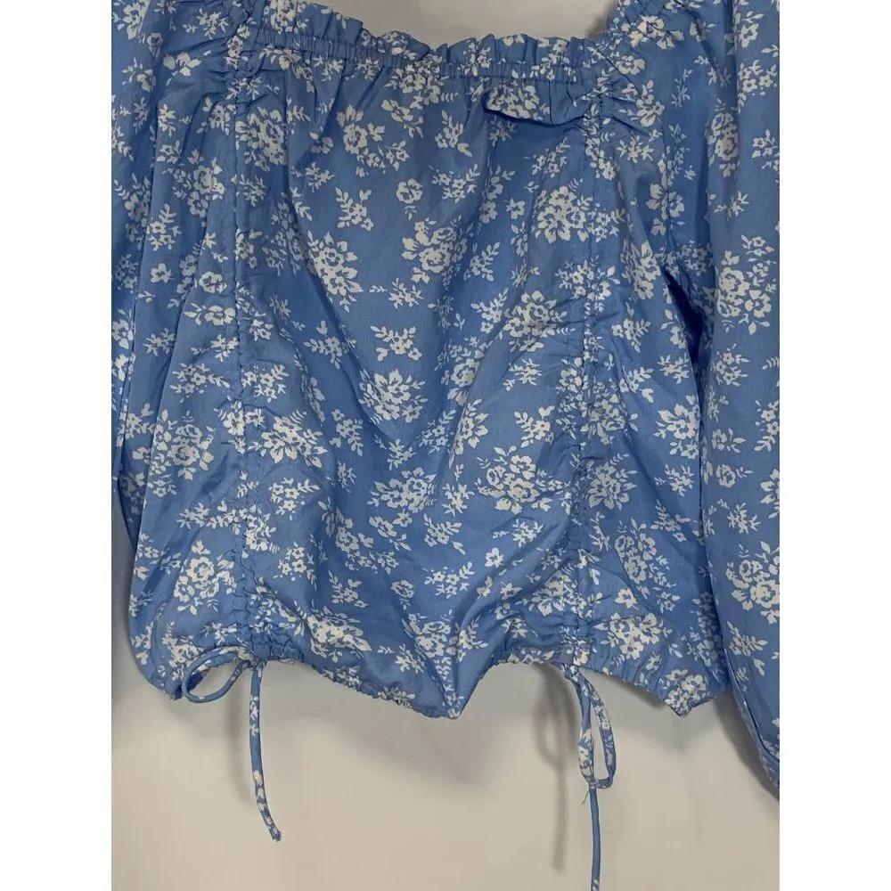 Speed Limit Womens Blouse Cropped Square Neck Drawstring Floral Blue Medium - Image 8