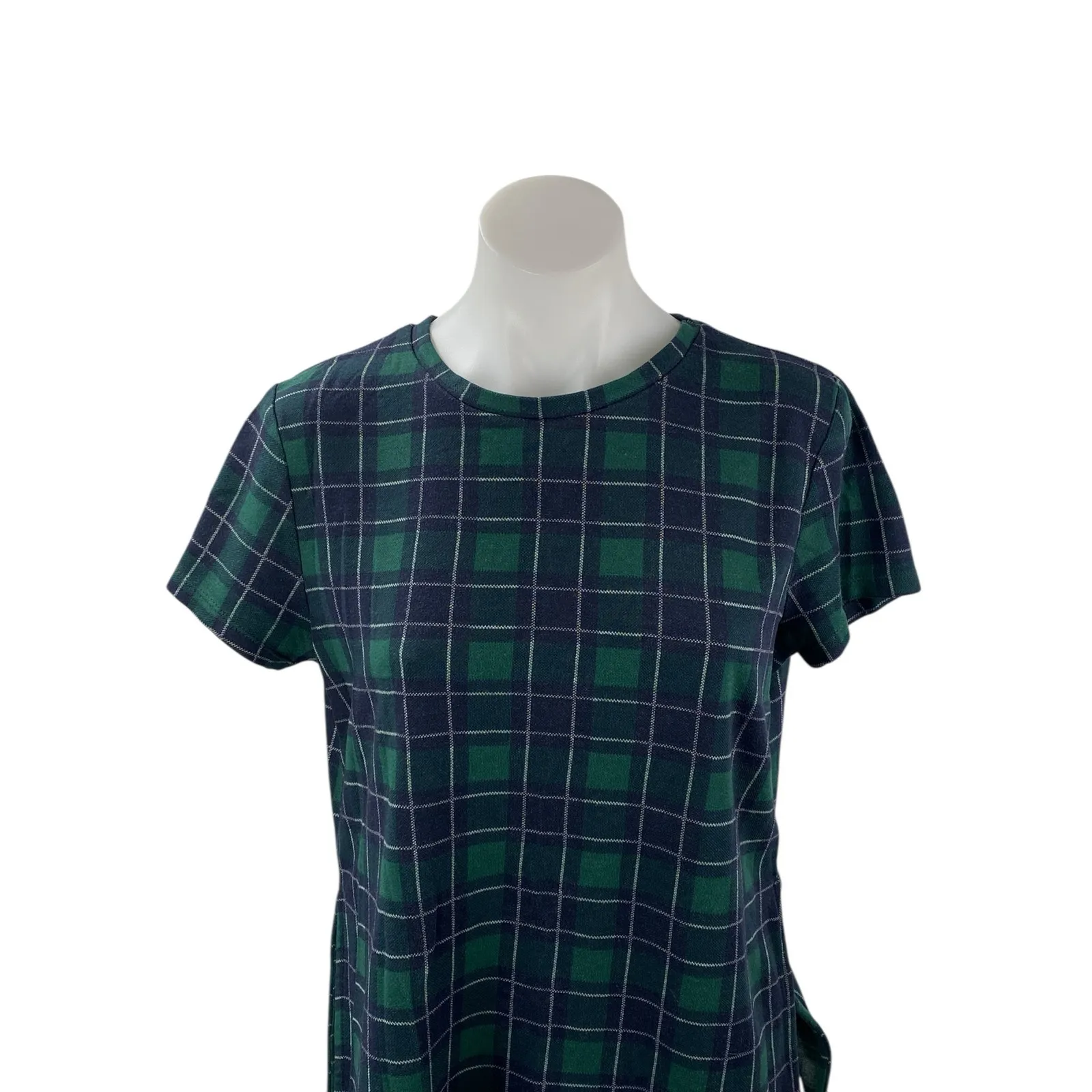 Zara Women's Green Plaid Short Sleeve Side Slit Crew Neck Blouse Top Size M - Image 2