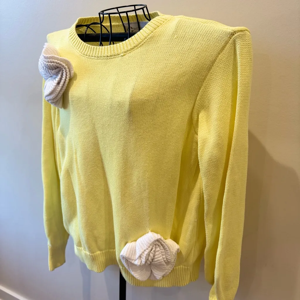 Christian Siriano C Wonder Yellow Knit Sweater White Flowers Cotton Size Large - Image 4