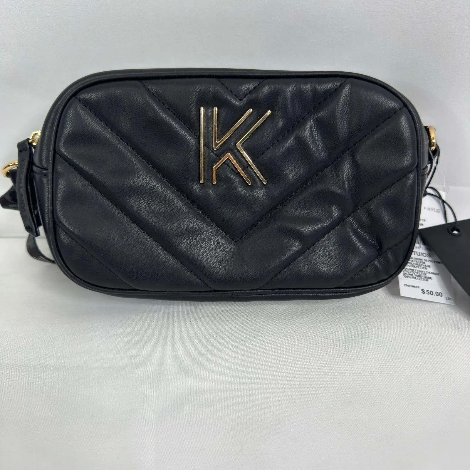 Kendall + Kylie Black Quilted Chevron Camera Crossbody Bag Gold K Logo Strap NWT - Image 4