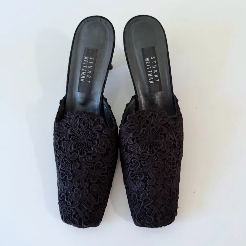 Stuart Weitzman Vintage Black  Lace Slides Mules Block Heels  SZ 10 B - Image 3