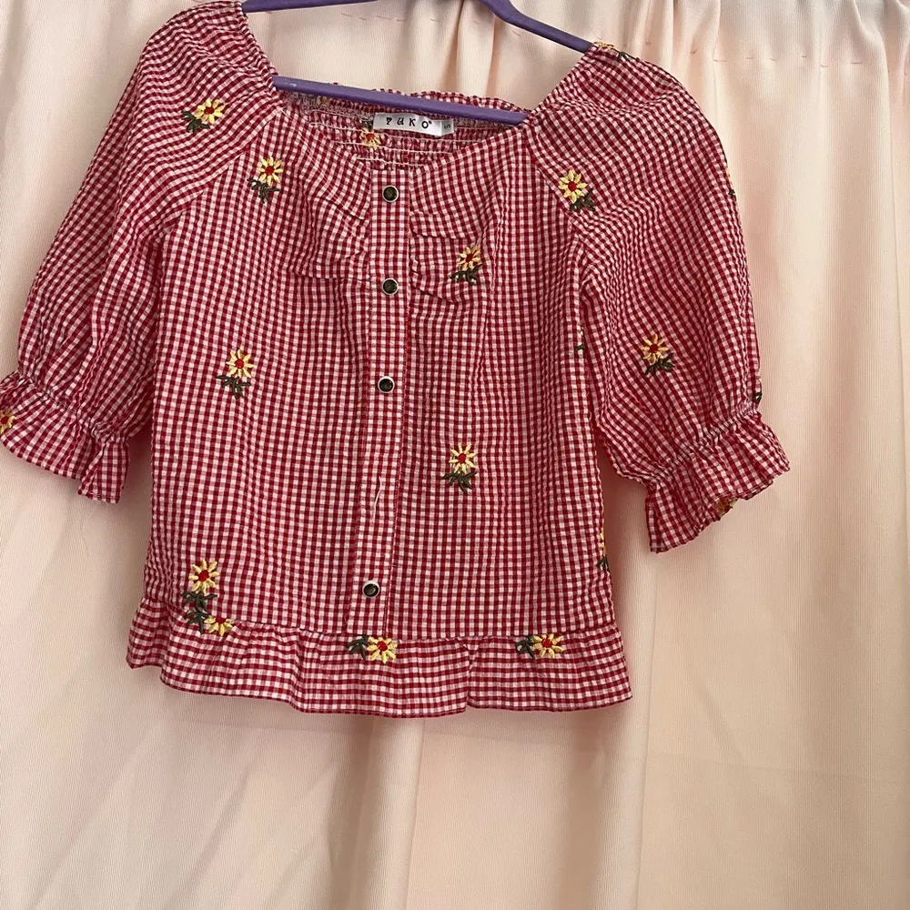 Red Gingham Blouse with Floral Details - Image 2