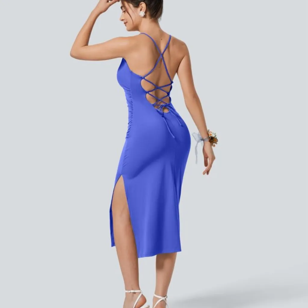 HALARA Airy Crossover Ruched Lace up Bodycon Dress - Image 2