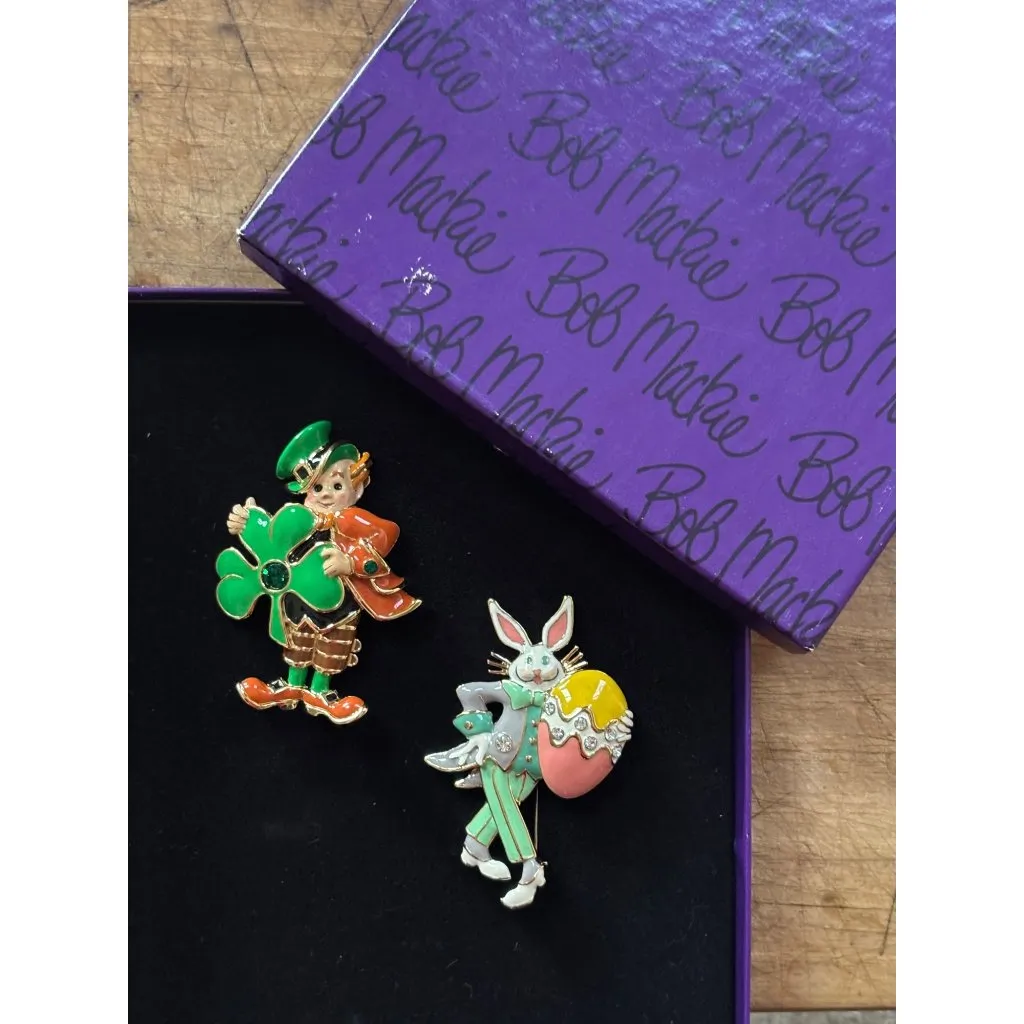 Bob Mackie Vintage Enamel Leprechaun & Easter Bunny Brooch Set With Rhinestone A - Image 7
