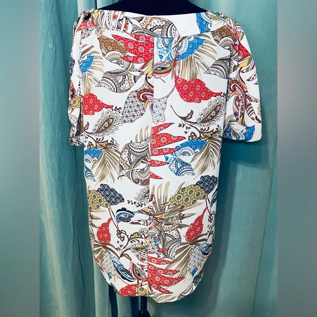 Melissa Paige Blouse SZXL White Popover Split Grommet Sleeve Geo Nature Print - Image 10