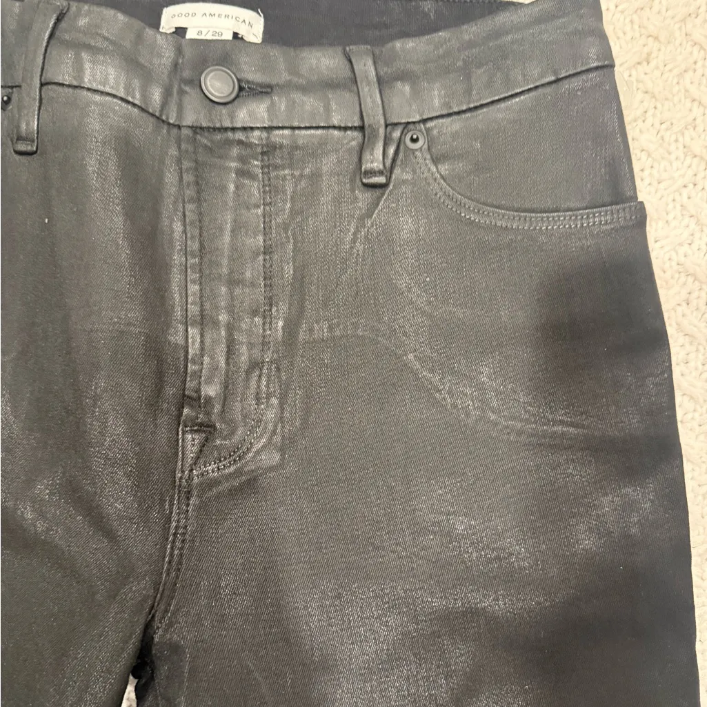 NWOT GOOD AMERICAN WOMENS 8/29 SHINY BLACK SHIStraight-Leg Jeans - Image 2