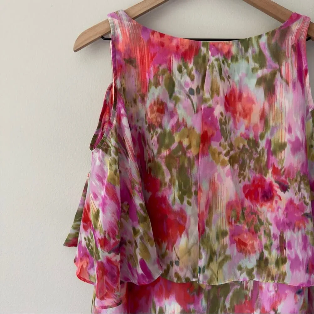 Maggy London Brushed Flower Printed Chiffon with Cold Shoulder Short Sleeve EUC - Image 7