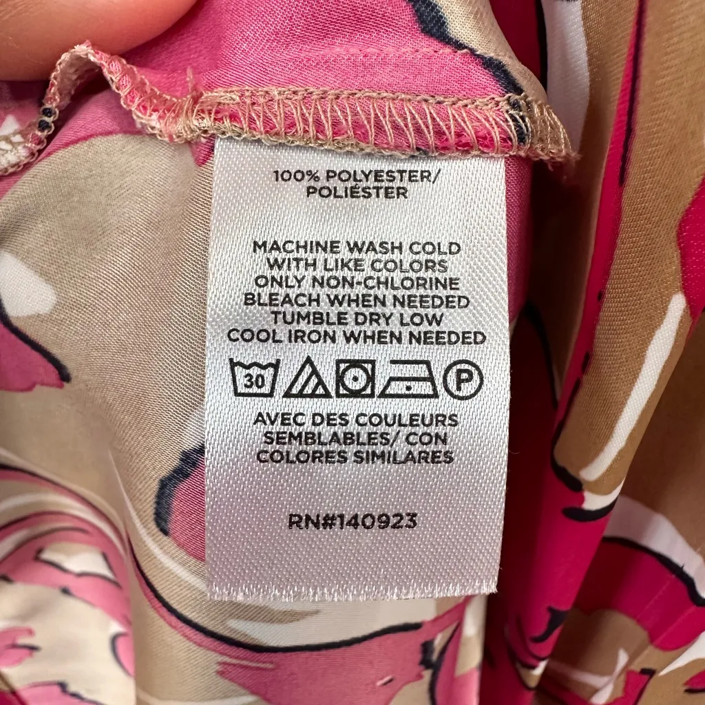 Loft Pink and Tan Floral Midi Shift Dress, Split Neck, Fabric Belt, Cap Sleeve - Image 5