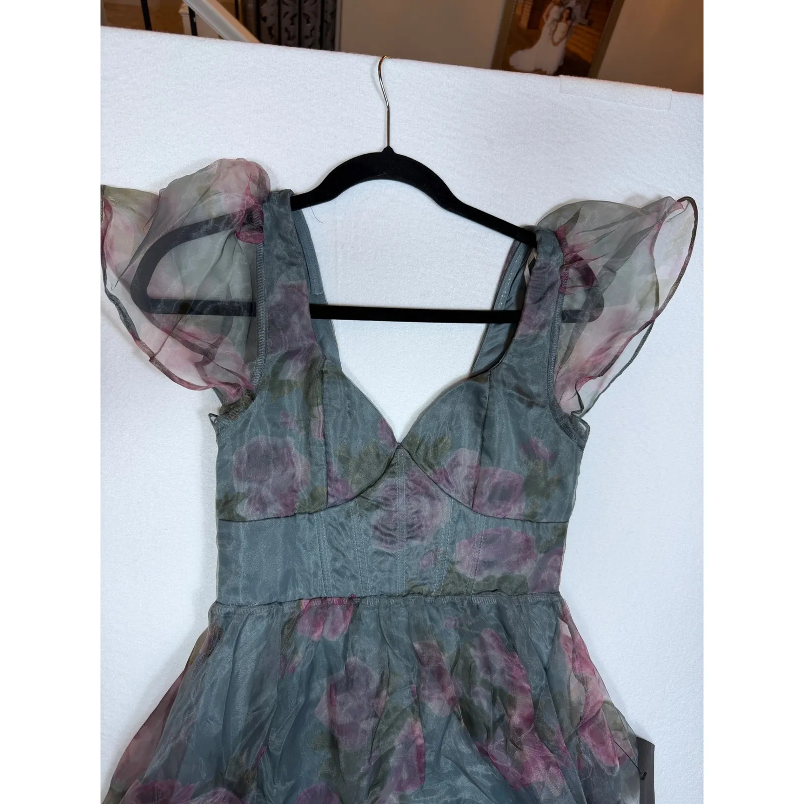 Lulus Slate Floral Organza Ruffled Midi Dress  Flutter Sleeve A Line SM New - Image 9