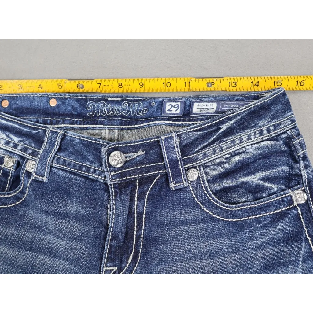 Miss Me Womens Mid‎ Rise Boot Jeans 29x28.5 Rhinestone Embroidery Denim Cross - Image 8