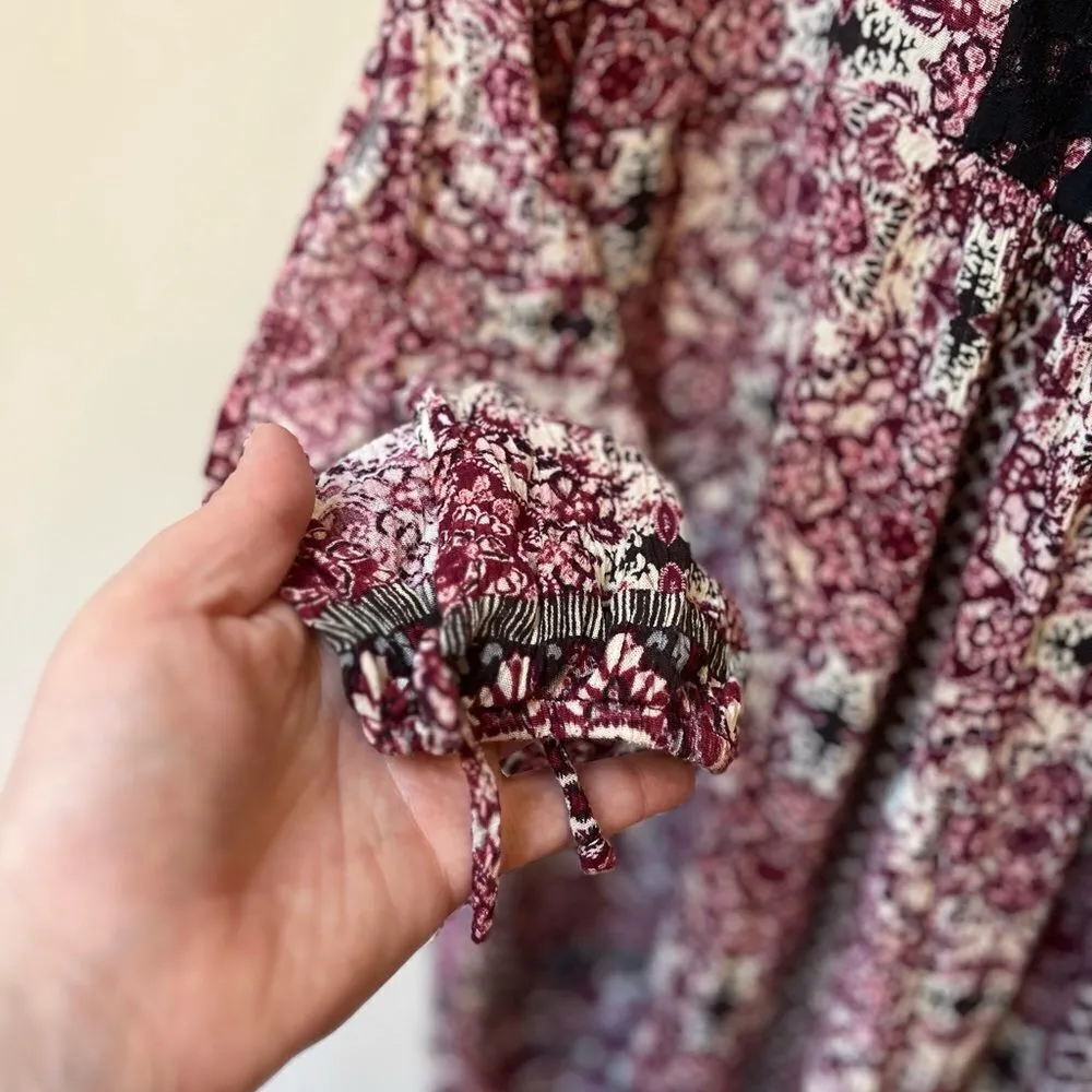 Maurices Women’s Burgundy Bohemian Floral Print 3/4 Sleeve Tie Back Mini Dress M - Image 9