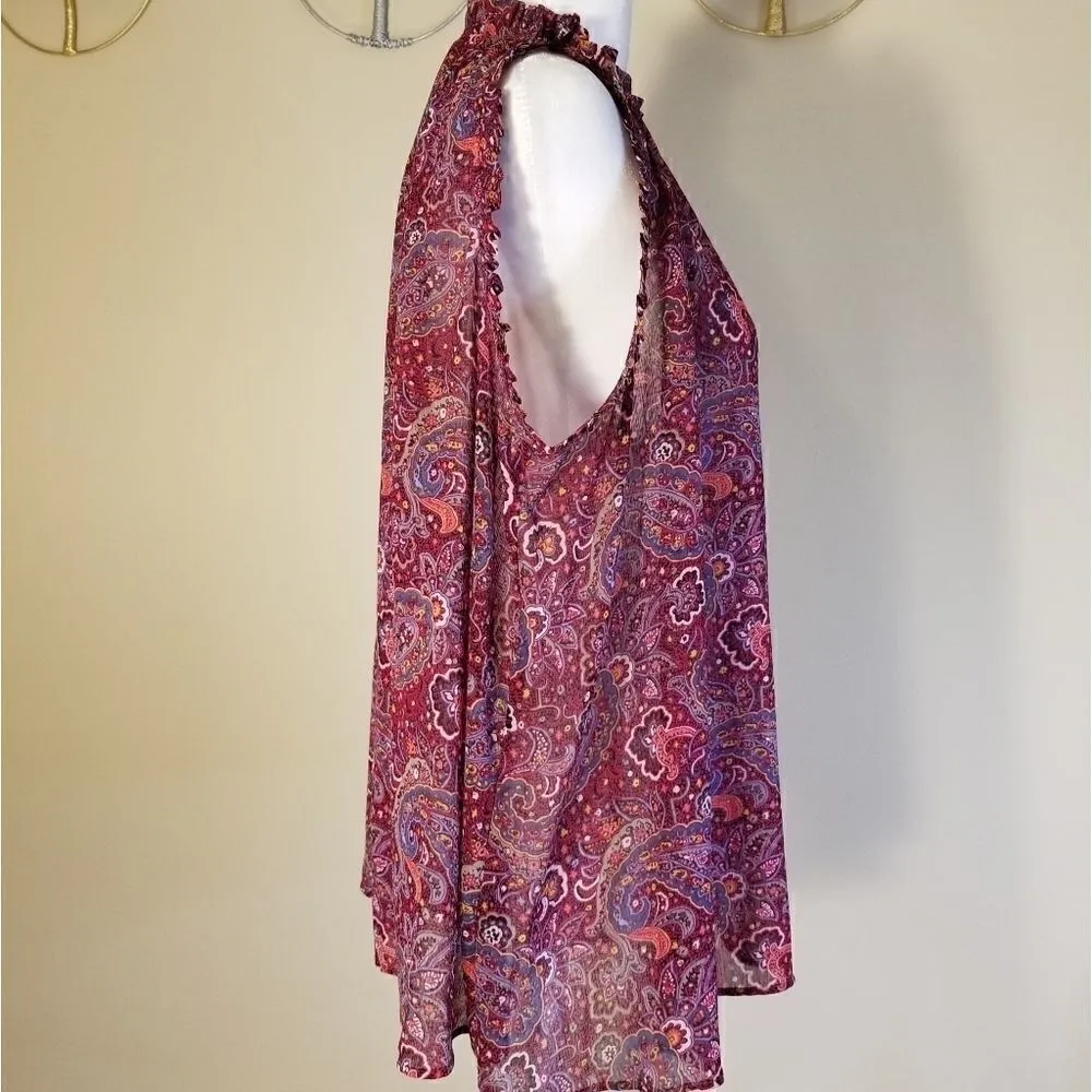 Gap Burgundy Sheer Paisley Ruffle Sleeveless High Neck Blouse Size Medium - Image 4