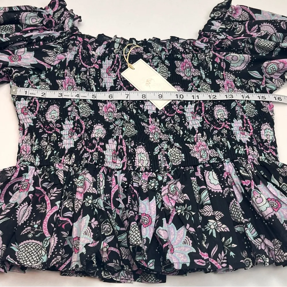 Mille Circe Smocked Top Tropical Night Womens Size Large Black Floral Blouse NEW - Image 5