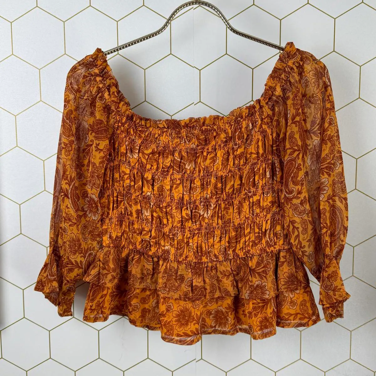 Patrons of Peace Cropped Floral Smocked Ruffle Marigold Top - Size - Medium - Image 2