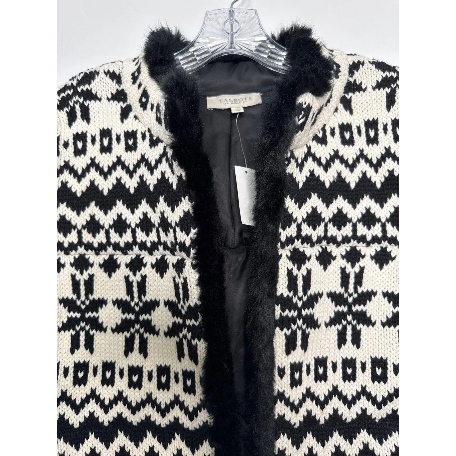 NWT Talbots Black White Knit Faux Fur Trim open front Vest fair Isle 2X - Image 4