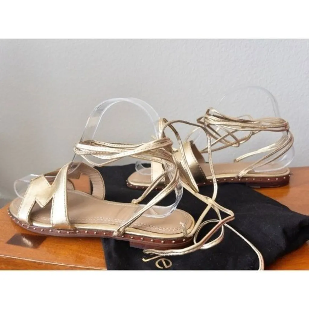 NWT Maje Fio Leather Metallic Ankle Tie Sandals 36 Gold 5.5 Cutout Lace Up Studs - Image 6