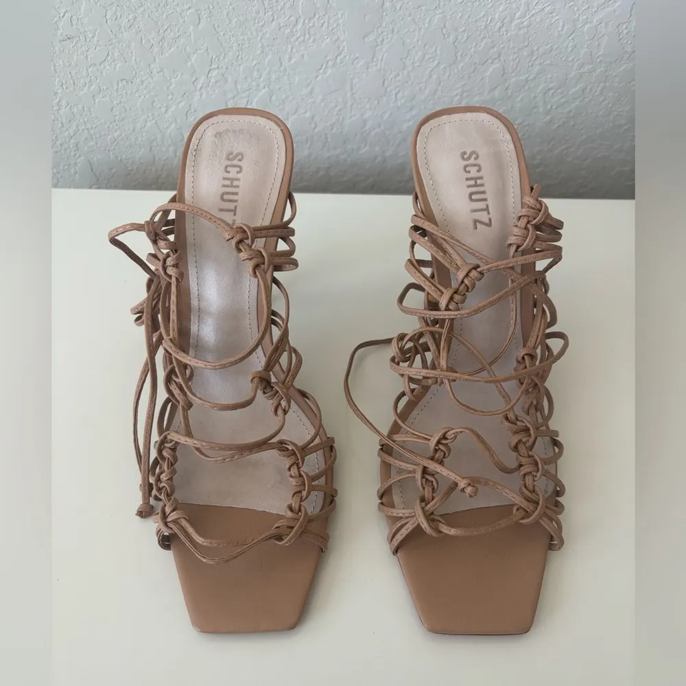 SCHUTZ Savania Honey Beige Nappa Leather Lace-Up High Heel Sandals Size 10 - Image 5