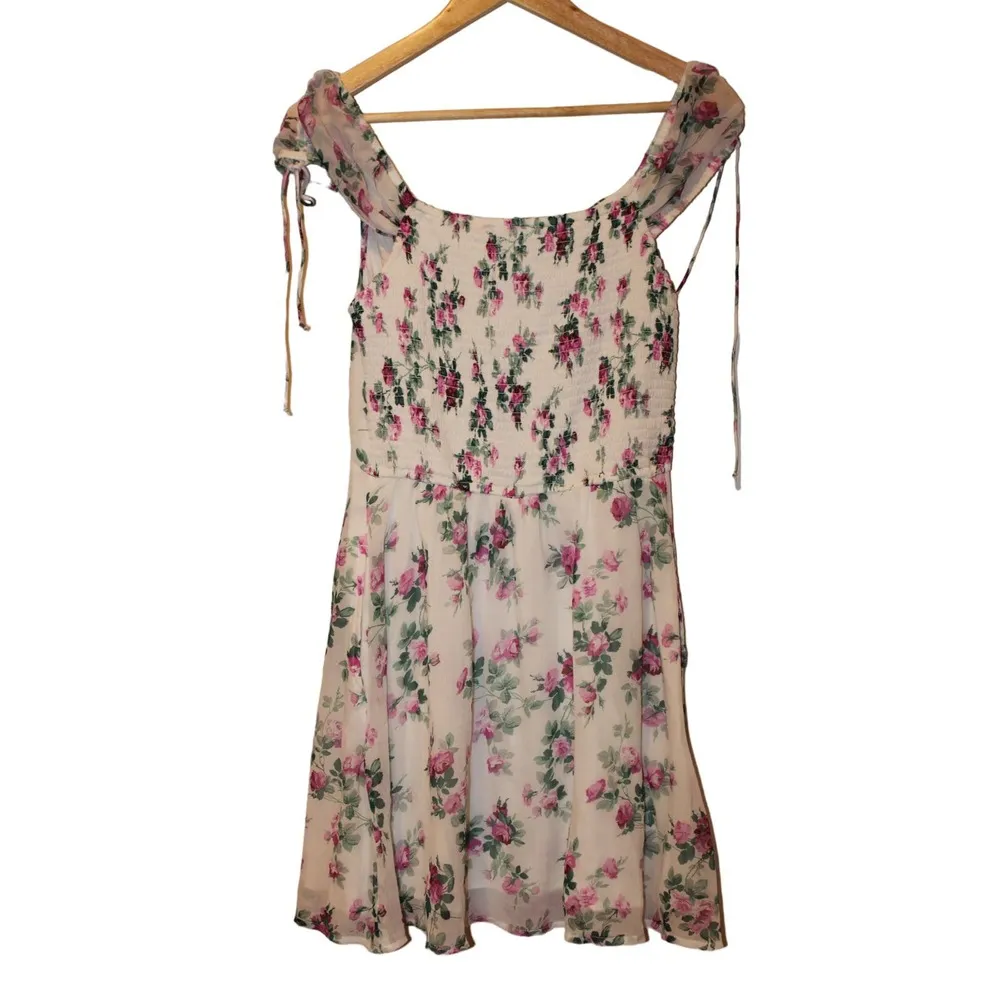 Women's Abercrombie & Fitch White Pink Green Floral Puff Mini Dress Size Small S - Image 2